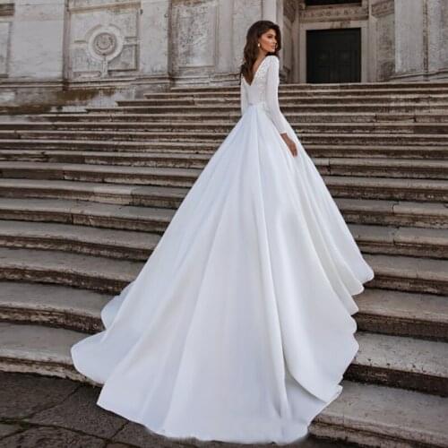 MYYBLE A-line Wedding Dress Ivory Satin Wedding Gowns Elegant Long Sleeve Bride Dress Abito Da Sposa 2020 Cheap
