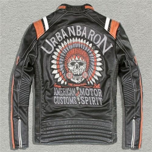 URBANBARON Mens Punk style Embroidery skulls leather motorcycle jacket Vintage black genuine leather jacket men biker jacket