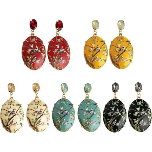 Vintage Ethnic Resin Printed Earrings Women Geometric Dangle Earrings Retro Tree Branch Bird Oval Earrings