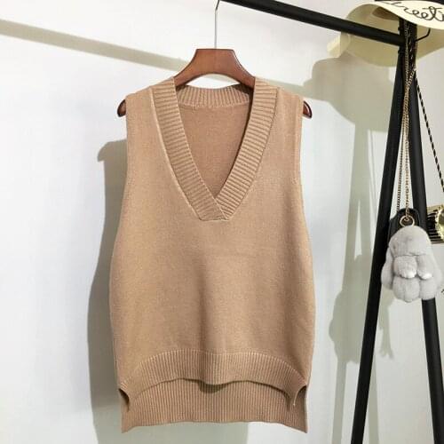 V-neck Knitted Vest Womens Sweater Autumn and Winter New Korean Loose Wild Sweater Vest Sleeveless Sweater
