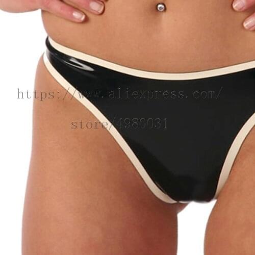 100% handmade latex T-back womens latex briefs in black with white trim color