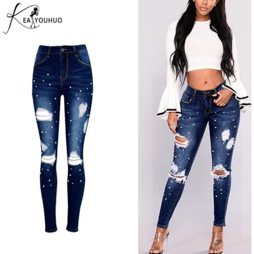 2020 Spring Mom Skinny Jeans Woman With High Waist Denim Pencil Pants Ripped Jeans For Women Trousers Female Pearl Jeans 34-46