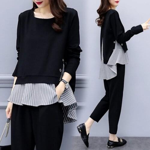 2020Hot SaleBlack Two Piece Set Women Striped Splicing Long Sleeve Tops And Harem Pants Sets Casual Office Korean Ladies Suits