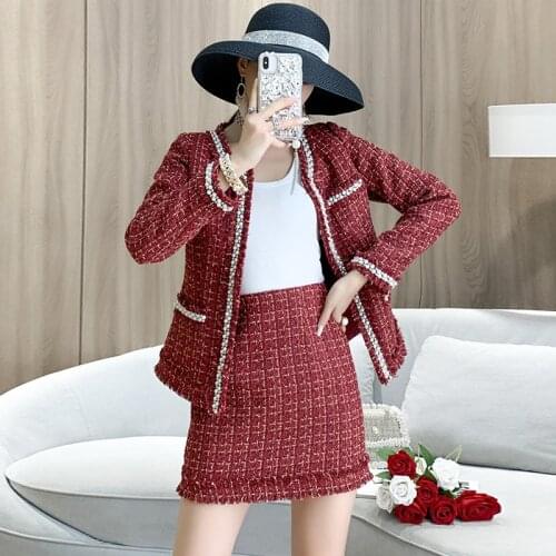 2020 Quality Brand Designer Tweed 2 Piece Sets Women Cardigan Coat Top A-line Skirt Winter Autumn Beading Skirt Sets Clothes