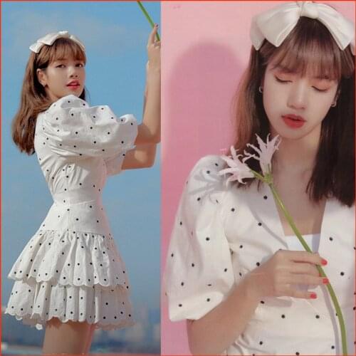 Kpop Korean Celebrity ROSE lady white sweet V-neck zipper dress women summer streetwear Harajuku style puff sleeved mini dresses