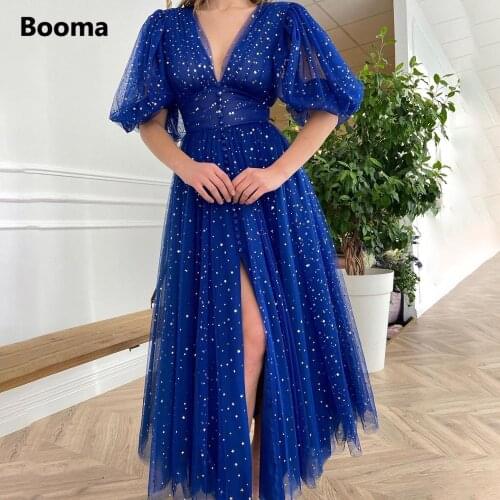 Booma Cobalt Blue V-Neck Prom Dresses Mid Puff Sleeves Starry Tulle Split Prom Gowns Buttoned Tea-Length A-Line Formal Gowns