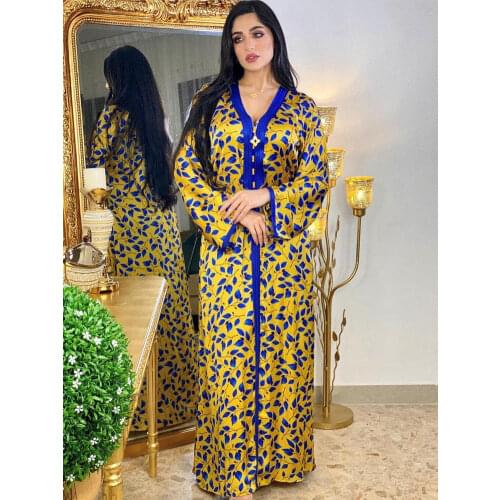 Women Printed Dubai Jalabiya Maxi Dress Loose Braid Trim Long Sleeve V Neck Muslim Abaya Arab Islamic Gown Party Jelleba Ramadan