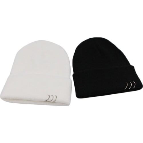 Winter Warm Knitted Caps 3 Fashionable Metal Ring Buckled Hat Knitted Caps Punk Style Boyfriend Harajuku Vintage Style Caps