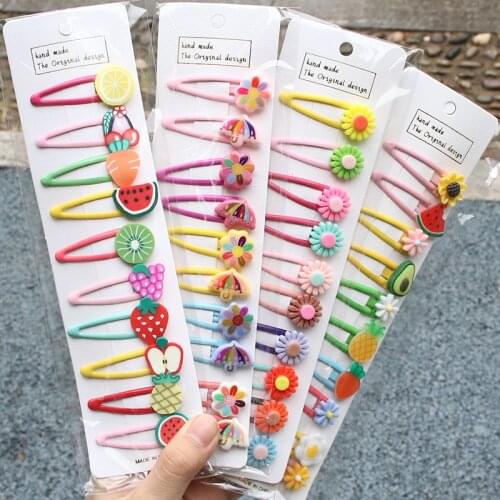 10Pcs/Set Girls Cute Cartoon Fruit Barrettes Flower 5cm Hair Clip Fashion Children Metal Hairpin Kids BB Clips Hair Accessories