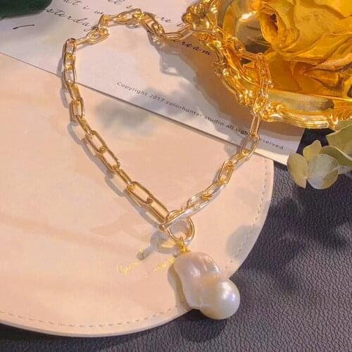 18''18K Gold Plated 20MM White Keshi Pearl Chain Necklace CZ Pendant