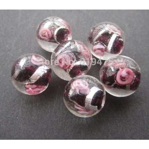 20pcs/lot 8mm 10mm 12mm Lampwork Glass Beads Flower With Silver Foil Burgundy Color for jewelry making