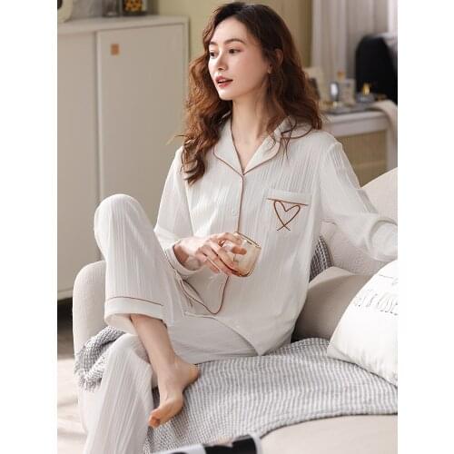 2021 Womens Pajama Set 100% Cotton Pijama Feminino Heart-Shaped Sleepwear Women Winter Home Clothes PJ Set White Pyjama Femme
