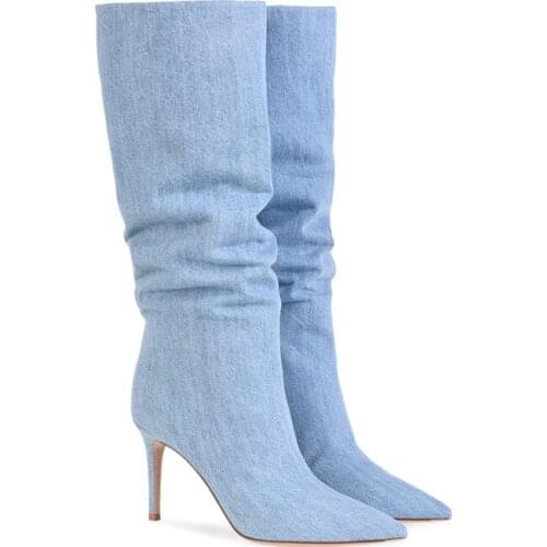Large Size Women Boots Pointed Toe Thin Heels High Heel Fashion Jean Denim Mid-calf Boot Winter Knee High Chelsea Boots Shoes