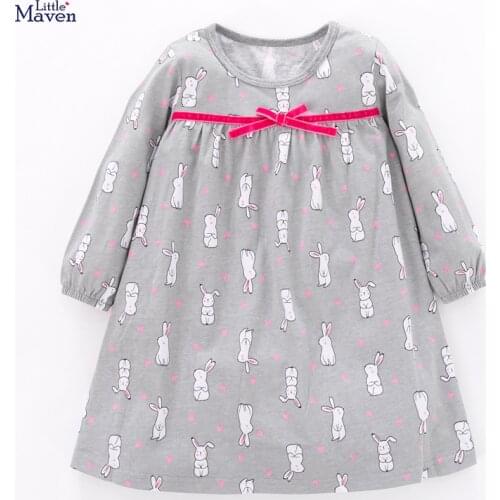 Little Maven New Spring Autumn Kids Gray Rabbit Bunny Printed O-neck Girls 2-6yrs Bow Full-sleeved Cotton Knitted Casual Dresses