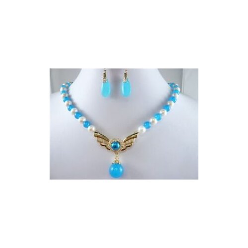 Beautiful 7-8mm Freshwater white pearl &blue chalcedony necklace Earring18