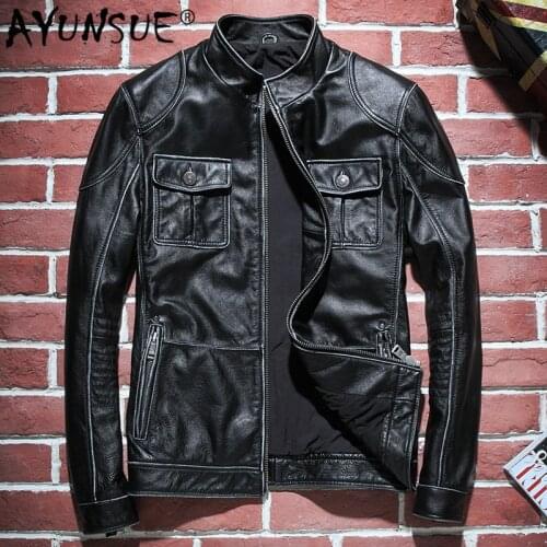 AYUNSUE Genuine Leather Jacket Men 100% Cow Leather Coat Spring Autumn Biker Motorcycle Jacket Vintage Cowhide Wp16c534 KJ3855