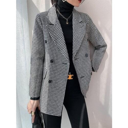 Houndstooth Jacket Womens Woolen Coat Custom Made Suit Jacket Ladies Spring Autumn Korean Loose Retro British Style Windbreaker