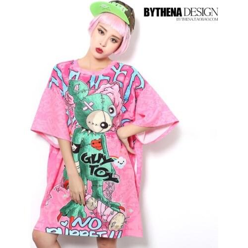 Summer Harajuku Pink T-shirt Women Cartoon Bear and Letters Loose Tee Shirt femme lager size Casual 1580