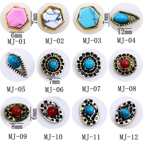 20pcs/pack metal nail art hexagon round oval with turquoise stones 3d jewelry gel nails sticker decoration art tools