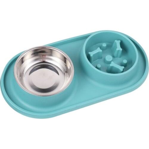 Imitation Silicone Anti-choke Bowl Double Bowl Design Anti-slip Slow Food Stainless Steel Dog Bowl for Food Water Feeder WXV Sae