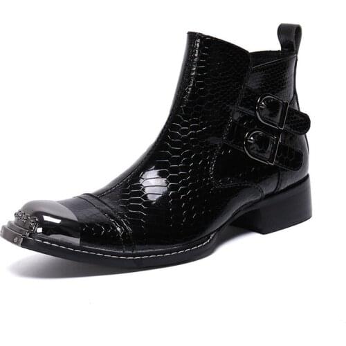 Fashion Men Boots Pointed Iron Toe Zipper Mens Ankle Boots Designer Black Leather Men Boots Cowboy Bota Masculina