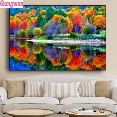 DIY diamond embroidery color tree full square round diamond painting cross stitch kit forest lake 5D mosaic home decoration