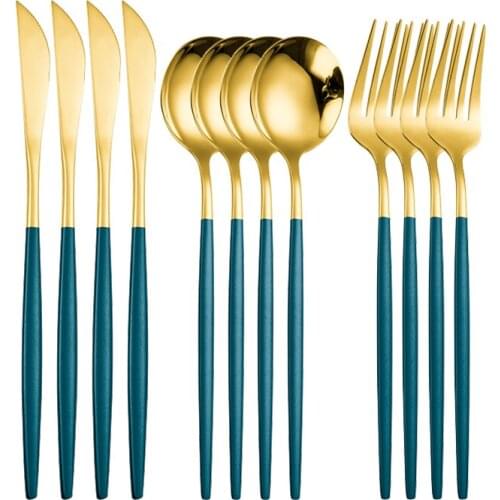 Western Green Gold Cutlery Set Mirror Dinnenrware Set Stainless Steel Flatware Dinner Gold Knife Fork Spoon Teaspoon Cutlery Set