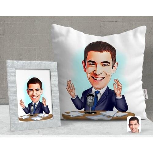 Personalized Men 'S Announcer Caricature Of Decorative pillow And Frame Gift Seti-1