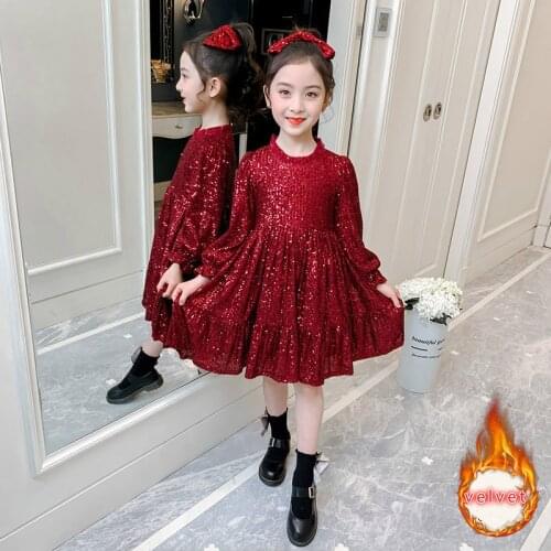 Girl Dress Elegant Spring Sequined Kids Dresses for Girl Winter Velvet Princess Dress with Bowtie Hair Rope Children Clothing