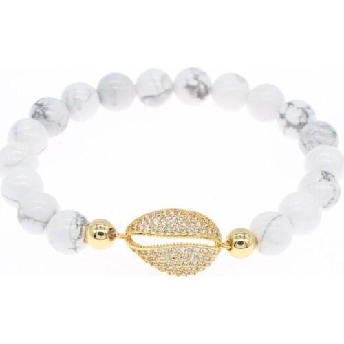 Poshfeel Crystal Sea Shell Bracelet Women 8mm White Stone Beaded Bracelets & Bangles Summer MBR190069