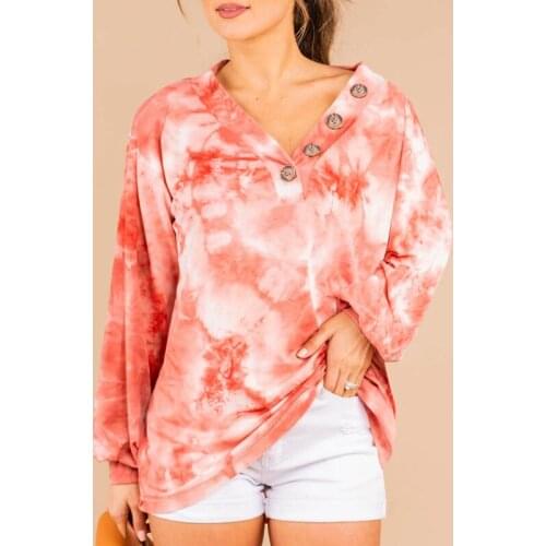 Tie-dye Printed V-neck Buttons Casual Womens Sweatshirt Loose Hoodies Autumn 2021 Fashion Tops Long Sleeve Ladies Sweatshirts