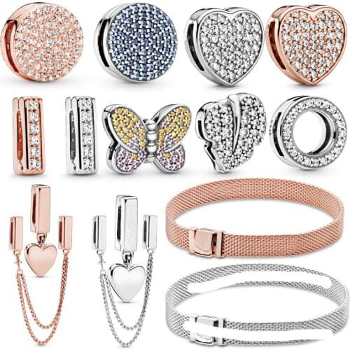 Real 925 Sterling Silver R Series Rose Gold Color Crown and Bowknot Round and Star Clips Charms fit Original Pandora Bracelet