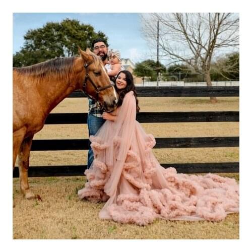 Luxury Long Train Maternity Photo Shoot Dresses Ruffles Ruffles With Big Bow Fluffy Tulle Pregnancy Bridal Gowns