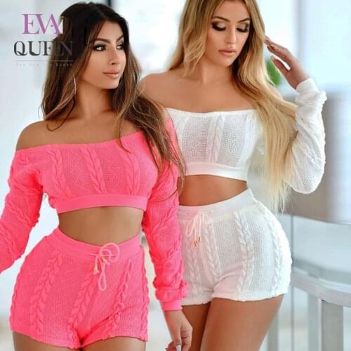 EvaQueen Sexy Knitted Two Piece Suit Women Autumn Winter Crop Top Playsuit Female Short Two Piece Set White Streetwear 2019