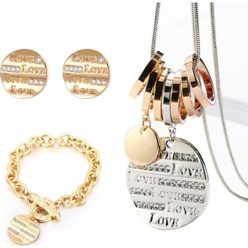 New Design Jewelry Sets For Women Gold Sliver LOVE Lettering Stud Earrings Charm Bracelet Geometric Long Necklace Jewelry Gifts