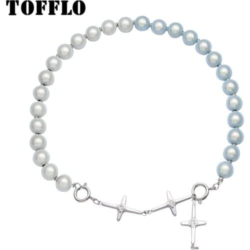 TOFFLO Stainless Steel Jewelry Reflective Opal Necklace Stitched Cross Zircon Pendant Womens Fashion Clavicle Chain BSP373