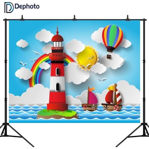 DePhoto photography background cartoon Lighthouse blue sky ship Birthday party backdrop photography studio camera fotografica