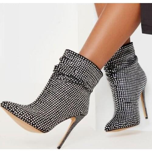 Moraima Snc Sexy Pointed Toe Woman High Heel Shoes Crysatl Embellished Thin heels Ankle Boots Runway Big Size Boots