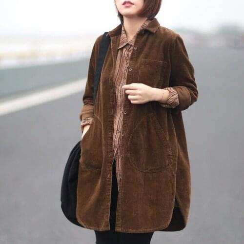 Women Corduroy Shirts Blouses Vintage Coffee Color Tops 2021 Autumn Solid Button Loose High Quality Medium-long Cardigan Pockets