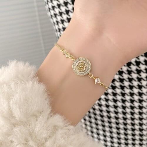 Delicate shell Camellia Charm Bracelets for Women 14K Real Gold Plated Elegant Crystal Flower Bangles&bracelets
