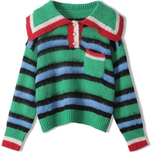 Good Quality Chic Striped Green Mohair Sweater Autumn Winter Tops Women Lapel Long Sleeve Loose Sweater Casual Pullovers Jumpers