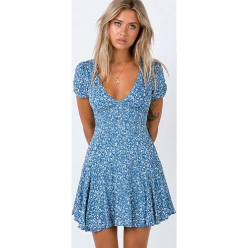 Blue Floral Bohemian Women Dress Fashion Sexy Deep V-Neck Short Sleeve Slim Mini Summer Dress Plus Size Casual Beach Vestidos