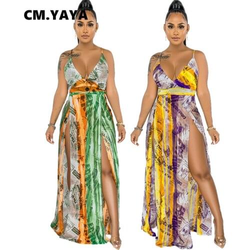 CM.YAYA 2021 Women Long Dress Print Sleeveless Strap V-neck Bodycon Maxi Dresses Sexy Night Party Vestidos Beach Bohemian Summer