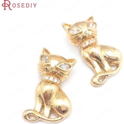 40617)10PCS 24K Champagne Gold Color Brass and Zircon Cat Charms Pendants Jewelry Making Supplies Diy Accessories