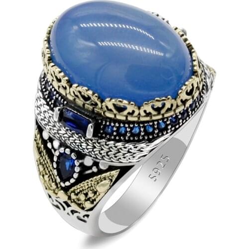 925 Sterling Silver Vintage Mens Ring with Stone Natural Blue Agate Rings with CZ for Male Women Crown Turkey Jewelry Gift