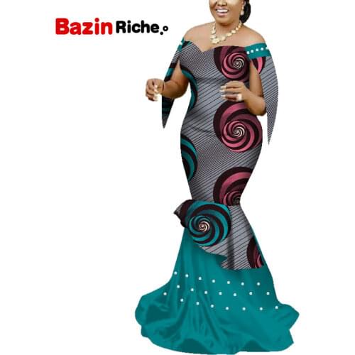 African Dresses Women Long Party Dress Traditional African Print White Pearl Off the Shoulder Bazin Riche Lady Dress WY5117