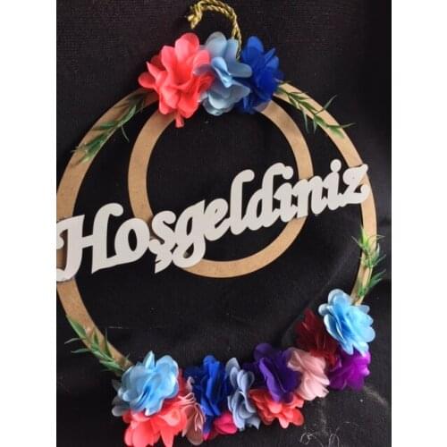 Ahşap Hoşgeldiniz Ev Daire Dekoratif Kasnak Pano Dekorasyon Daire Çiçekli Asılabilir Halka