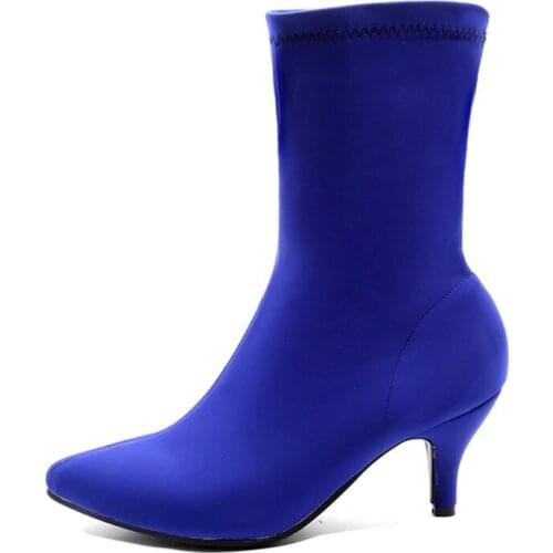 Soft Slim Stretch Socks Boots Women Fashion Rose Blue Heeled Womens Ankle Boots Autumn Spring Pointed Toe Womens Shoes Big Size