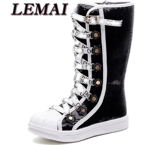 LEMAI Brand Sequin Girls' Boots Rubber Soft Platform Snow Boots Boys' Shoes Autumn New Kids' Knee Length Fashion Martin Boots