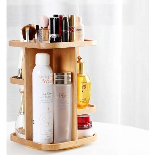 Wooden Rotating Cosmetic Storage Box Rack Dresser Multi-layer Desktop Storage Rack Skin Care Product Shelf 360-degree Rotation